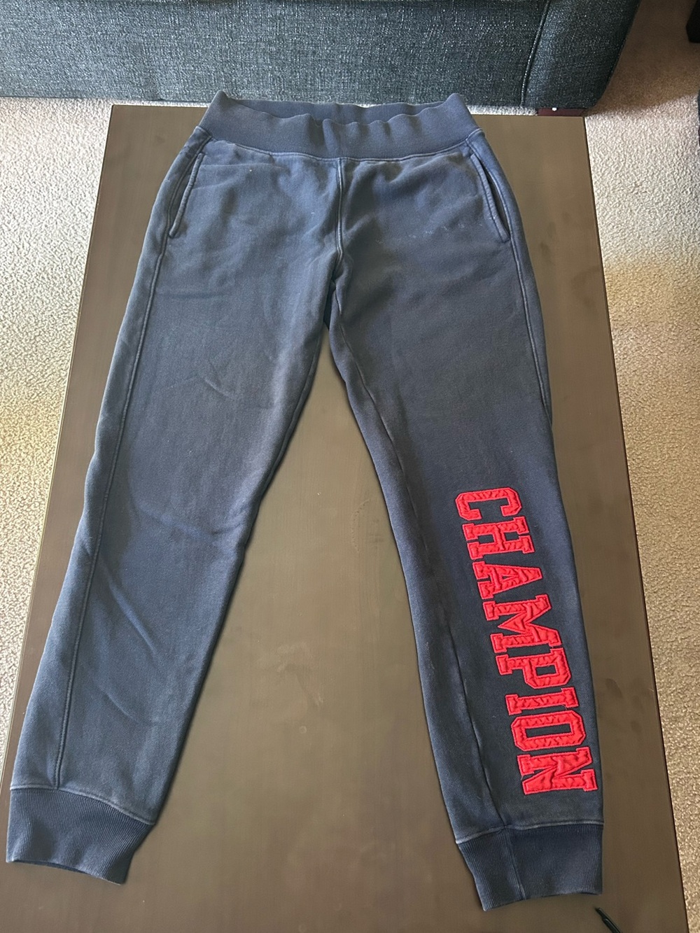 Champion Navy Sweatpants with Red Leg Logo